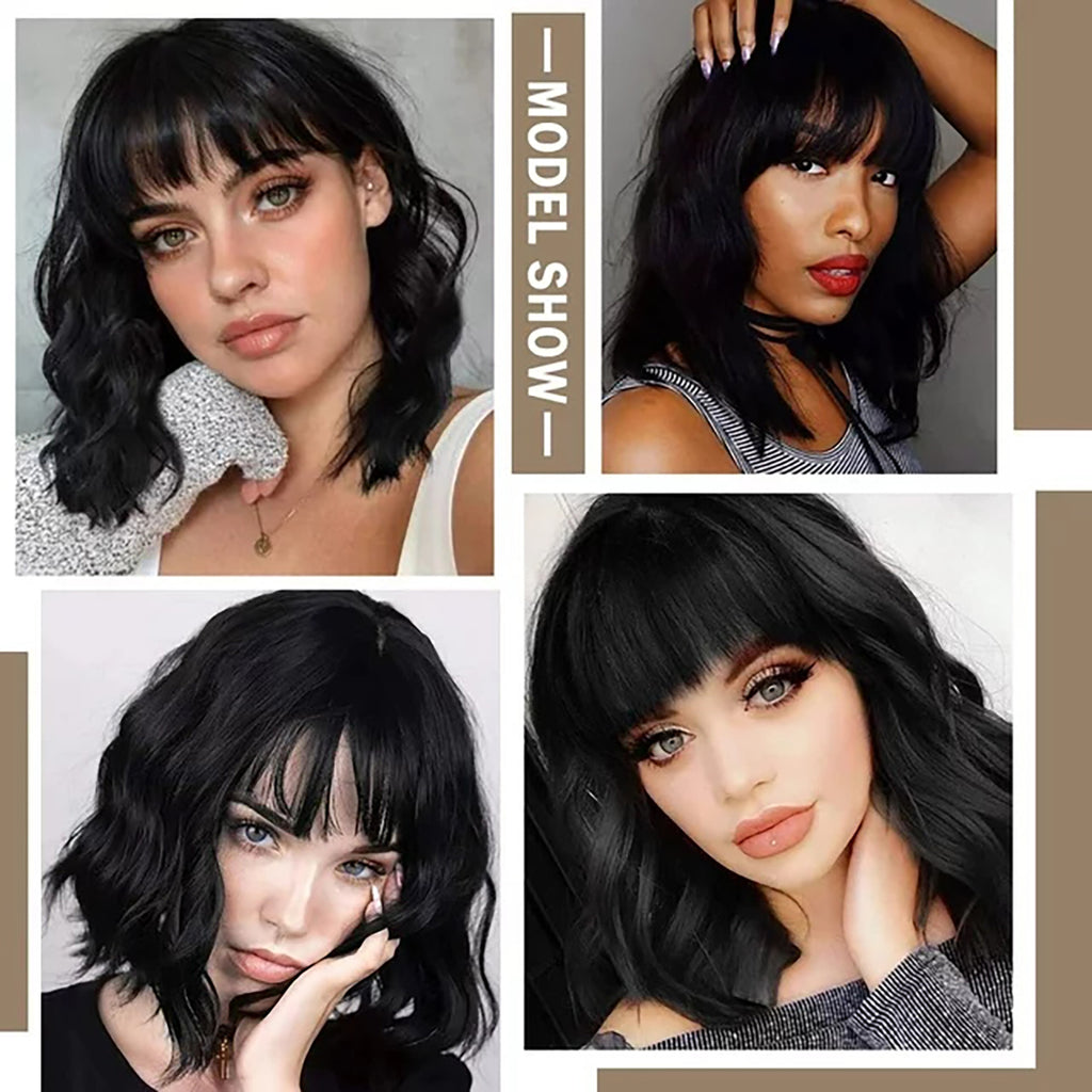 Phocas 12" Short Bob Wigs for Black Women Water Wavy Wig Synthetic Black Wig with Bangs