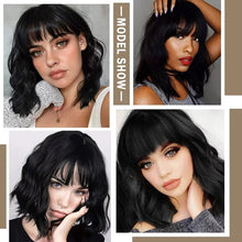 Load image into Gallery viewer, Phocas 12&quot; Short Bob Wigs for Black Women Water Wavy Wig Synthetic Black Wig with Bangs