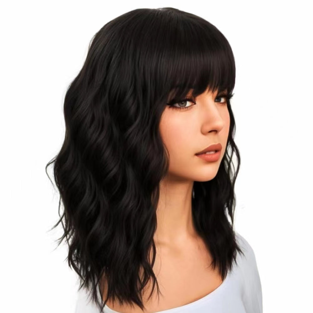 Phocas 12" Short Bob Wigs for Black Women Water Wavy Wig Synthetic Black Wig with Bangs