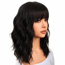 Load image into Gallery viewer, Phocas 12&quot; Short Bob Wigs for Black Women Water Wavy Wig Synthetic Black Wig with Bangs