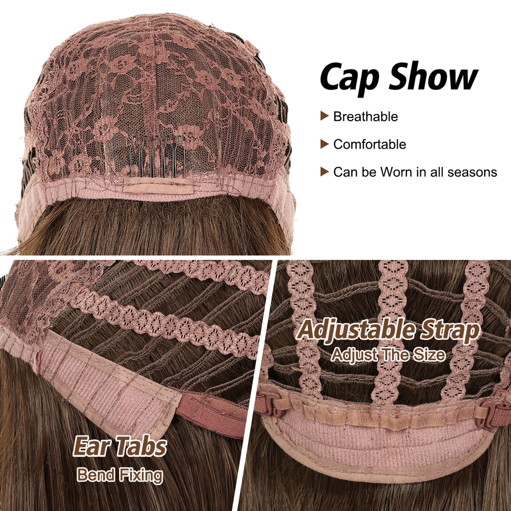 Lakihair 14" Short Brown Bob Wig with Bangs Shoulder Length Straight Bob Wigs for Women Wefted Wig Cap