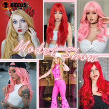 FH Pink Wig Long Curly Synthetic Wig With Straight Bangs for Women 24 Inch P14878