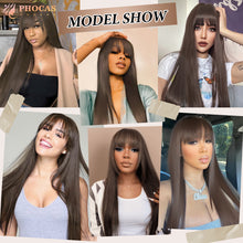FH 21 Inches long brown wig synthetic for Women Long Wig with Bangs Natural P14956