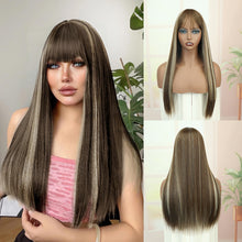 FH Long Brown Straight Wig with Bangs Ombre Brown Wig with Blonde Highlights 23'' Synthetic Hair P14983