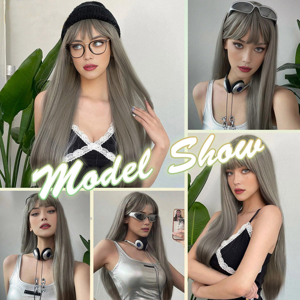 Phocas 26inch Grey Wigs for Women Straight Wig with Bangs Natural Long Wig