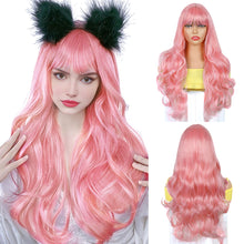 FH Pink Wig Long Curly Synthetic Wig With Straight Bangs for Women 24 Inch P14878