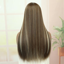 FH Long Brown Straight Wig with Bangs Ombre Brown Wig with Blonde Highlights 23'' Synthetic Hair P14983