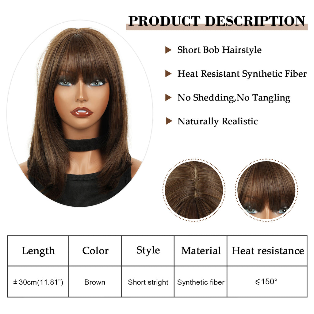 Lakihair 14" Short Brown Bob Wig with Bangs Shoulder Length Straight Bob Wigs for Women Wefted Wig Cap