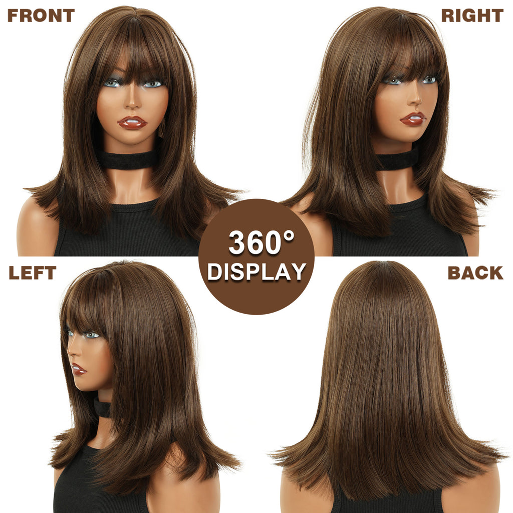 Lakihair 14" Short Brown Bob Wig with Bangs Shoulder Length Straight Bob Wigs for Women Wefted Wig Cap