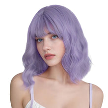FH P15993K Natural Curly Synthetic Bob Wig with Bangs Purple Breathable Cap Wig