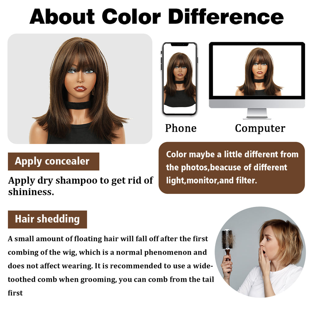 Lakihair 14" Short Brown Bob Wig with Bangs Shoulder Length Straight Bob Wigs for Women Wefted Wig Cap