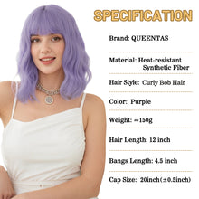FH P15993K Natural Curly Synthetic Bob Wig with Bangs Purple Breathable Cap Wig
