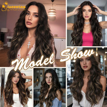 FH 24inches Long wavy wig Black Mix Brown Synthetic Fiber P14946