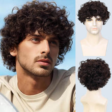 FH Men's Short Brown Curly Afro Wigs Short Hair Fully Curly Synthetic Hair 8 Inches P13926