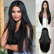 FH Synthetic Fiber 26 Inches Long Black Wig Straight Wig Long Wig with Bangs  P14943