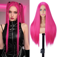 FH 24 inches Heat-resistant Synthetic Fiber Rose Red Straight Cosplay Wigs hot pink P16092