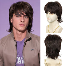 FH Mens Short Brown Wolf Cut Mullet Wig Synthetic Fluffy Layered Replacement Wig 9.6
