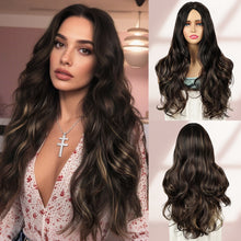FH 24inches Long wavy wig Black Mix Brown Synthetic Fiber P14946