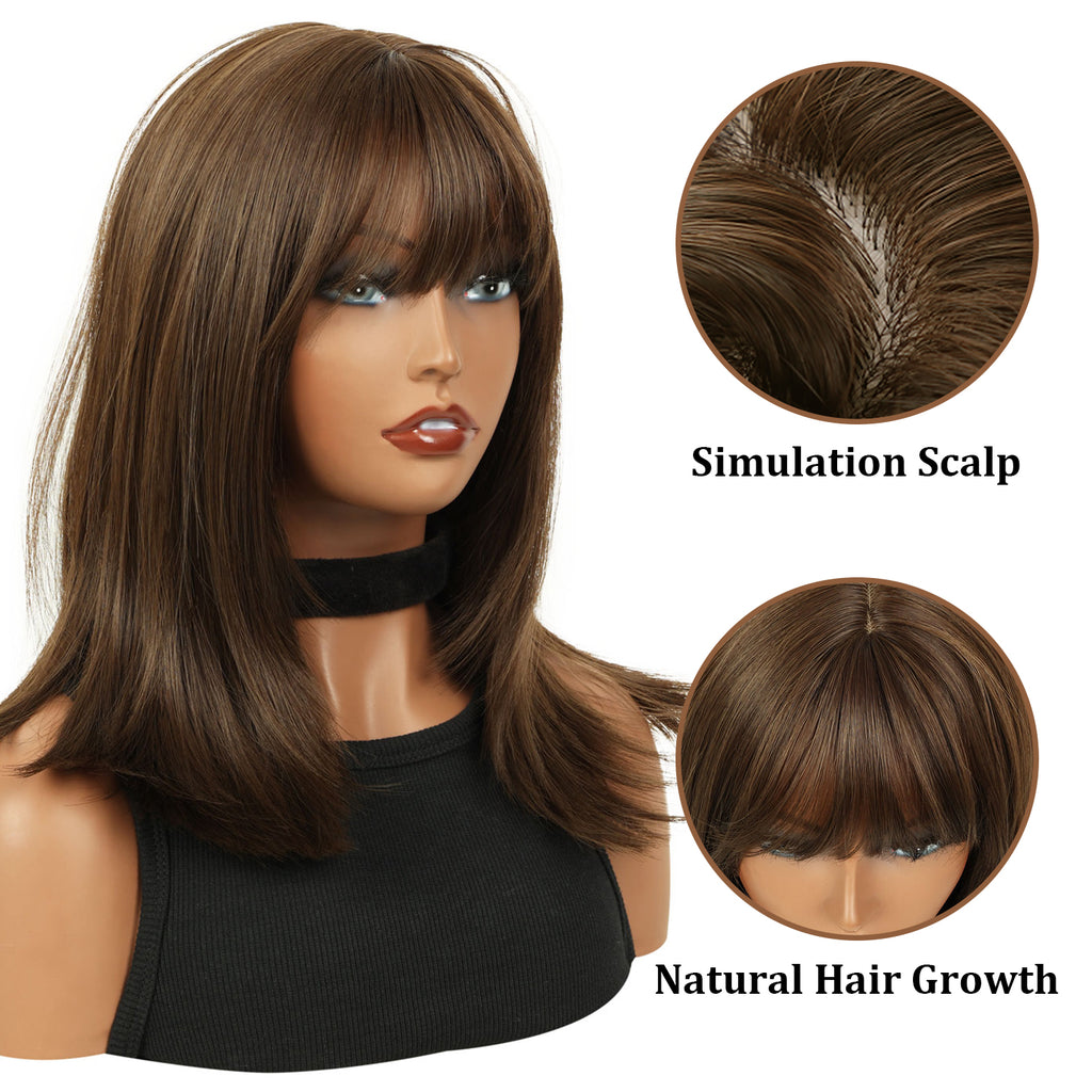 Lakihair 14" Short Brown Bob Wig with Bangs Shoulder Length Straight Bob Wigs for Women Wefted Wig Cap