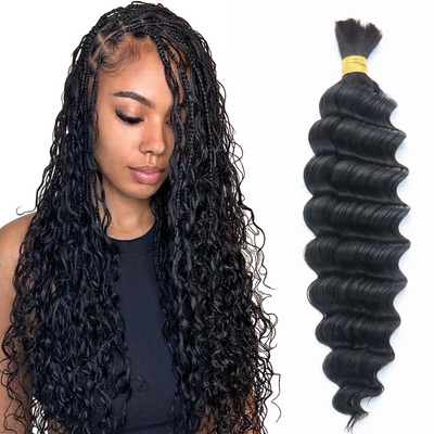 Fantasy Hair Boho Braiding Hair Bulk  1 bundle- 100g Deep Wave #1 Jet Black 100% Human Hair for Braiding,12-24inches.