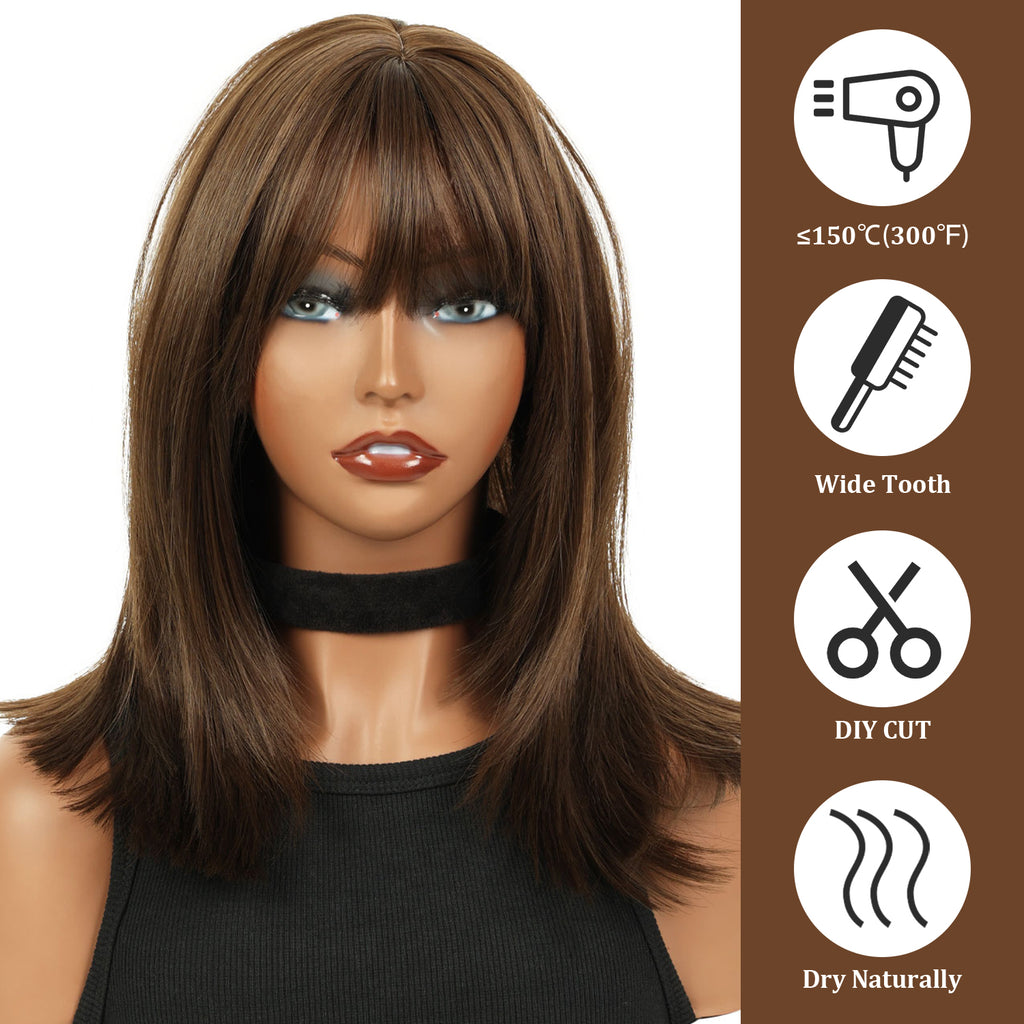 Lakihair 14" Short Brown Bob Wig with Bangs Shoulder Length Straight Bob Wigs for Women Wefted Wig Cap