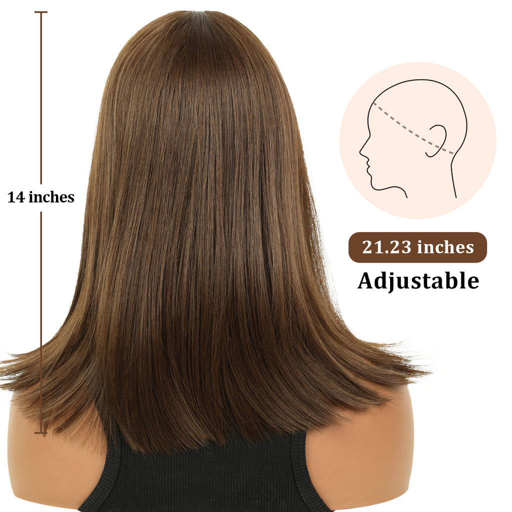 Lakihair 14" Short Brown Bob Wig with Bangs Shoulder Length Straight Bob Wigs for Women Wefted Wig Cap