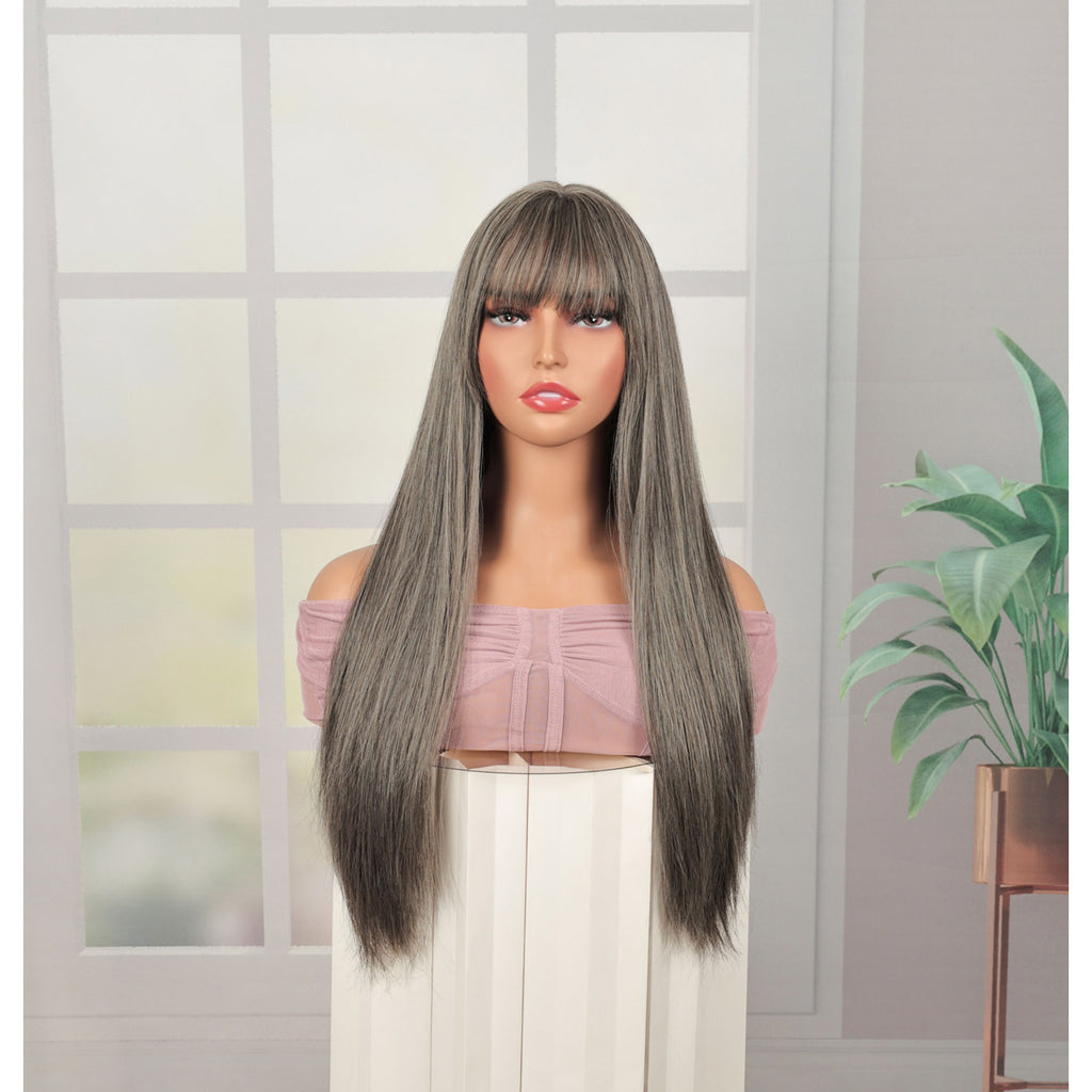 Phocas 26inch Grey Wigs for Women Straight Wig with Bangs Natural Long Wig