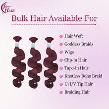 FH 1 bundle, 100 grams/pack, body wave human hair, 99j color (burgundy), Bohemian style braiding bulk hair, 12-24 inches