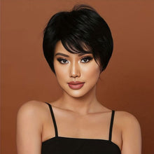 FH 8 Inch Chin Length Bob Wigs  Short Black Layered Wavy Pixie Wigs with Bangs  G04280