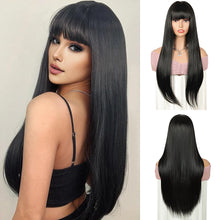 FH 24 Inch Long Black Wig Straight Wigs for Women with Bangs Glueless Synthetic Hair Wig P14935