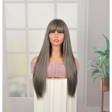 Lakihair 26inch Long Grey Wigs for Women Natural Straight Wig with Bangs Long Wig