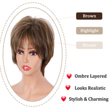 Lakihair Short Brown Pixie Cut Wigs for Women with Bangs Highlight Blonde Synthetic Short Hair Wig