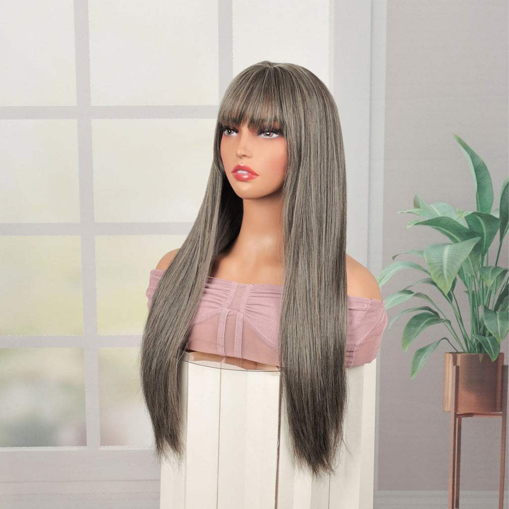 Phocas 26inch Grey Wigs for Women Straight Wig with Bangs Natural Long Wig