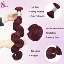 FH 1 bundle, 100 grams/pack, body wave human hair, 99j color (burgundy), Bohemian style braiding bulk hair, 12-24 inches