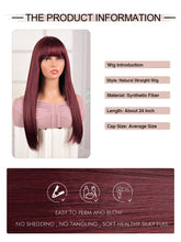 FH P14672 Burgundy 24inch Long Straight Bob Wig Synthetic Hair Rose Net with Bangs