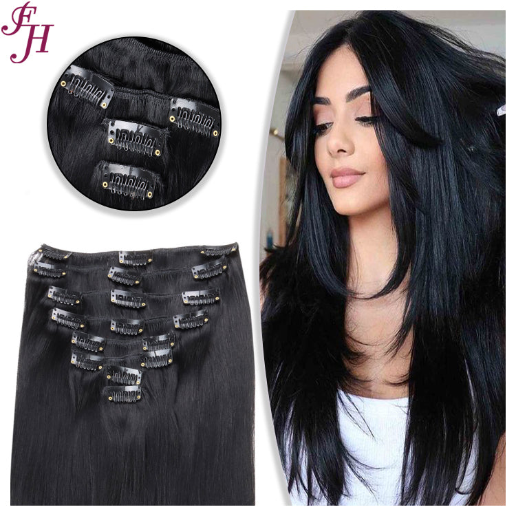 FH jet black #1 human hair clip in hair extension