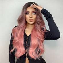 Phocas 24inch Long Pink Wigs for Women Water Wave Wig with Bangs Curly Wig