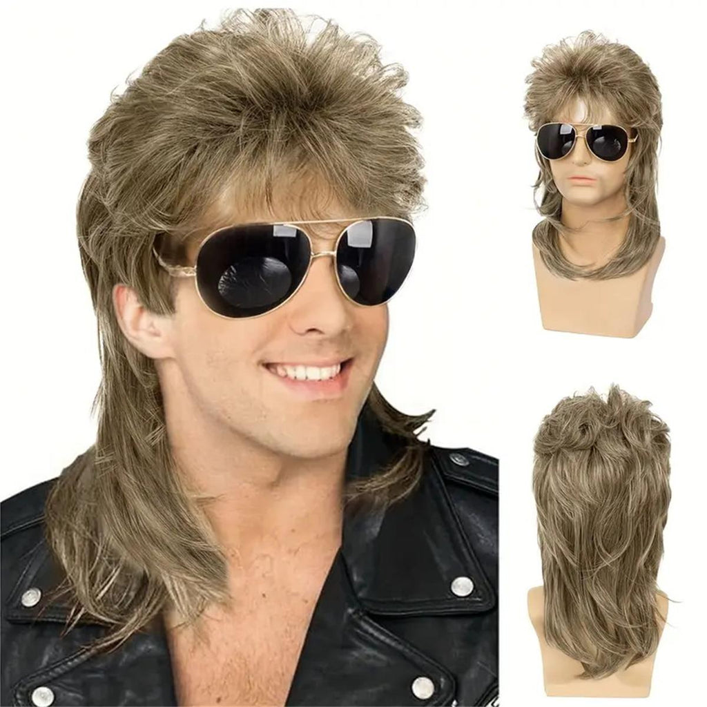 Lakihair Mens Wig Mullet Wigs for Men Brown Wig with Bangs 70s 80s Male Wig