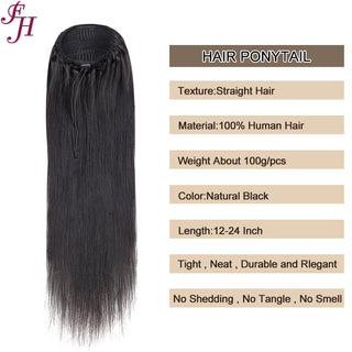 FH natural black #1B 100% indian virgin raw human hair straight drawstring ponytail