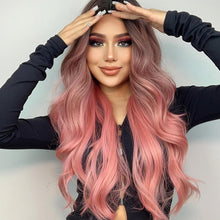 Phocas 24inch Long Pink Wigs for Women Water Wave Wig with Bangs Curly Wig