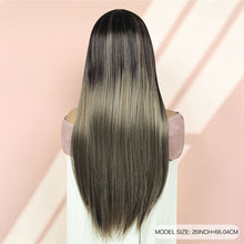 FH Synthetic Fiber 26 Inches Straight Wig Long Wig with Bangs ash brown ombre with black roots P14941