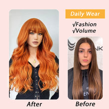 Lakihair 22inch Long Ginger Wigs for Women Curly Wig with Bangs Body Wave Wig