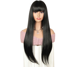 FH 24 Inch Long Black Wig Straight Wigs for Women with Bangs Glueless Synthetic Hair Wig P14935