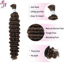 FH 1 bundle Premium Virgin Hair Bulk - #4 Chocolate Brown Deep Wave for Boho Braids & Wigs.