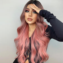 Phocas 24inch Long Pink Wigs for Women Water Wave Wig with Bangs Curly Wig