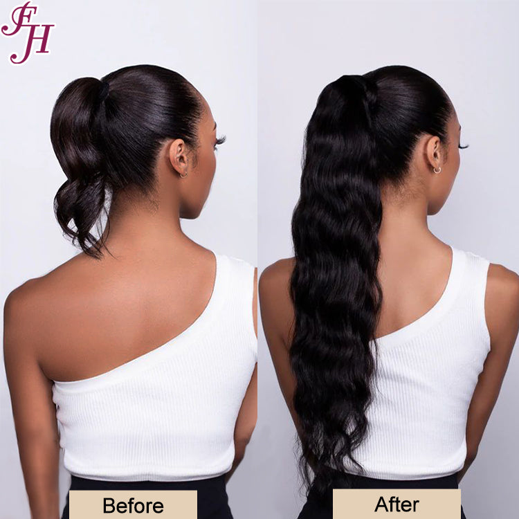FH natural black #1B 100% indian virgin raw human hair straight drawstring ponytail