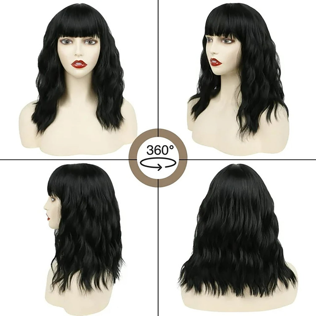 Phocas 12" Short Bob Wigs for Black Women Water Wavy Wig Synthetic Black Wig with Bangs