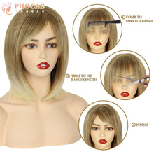 Load image into Gallery viewer, Phocas 12&quot; Short Blonde Bob Wig with Bangs Mixed Brown Wigs for Women Wefted Wig Caps