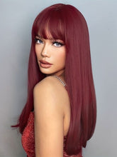 FH P14672 Burgundy 24inch Long Straight Bob Wig Synthetic Hair Rose Net with Bangs