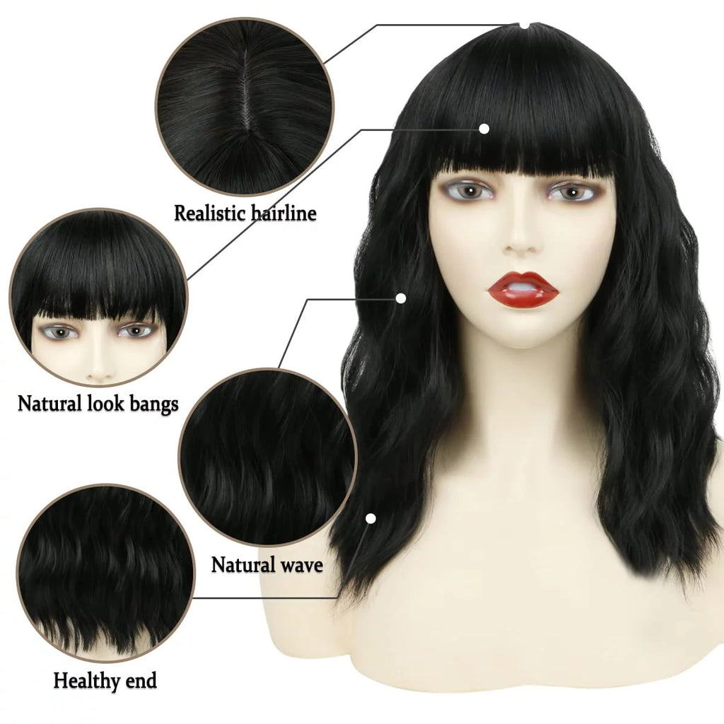 Phocas 12" Short Bob Wigs for Black Women Water Wavy Wig Synthetic Black Wig with Bangs